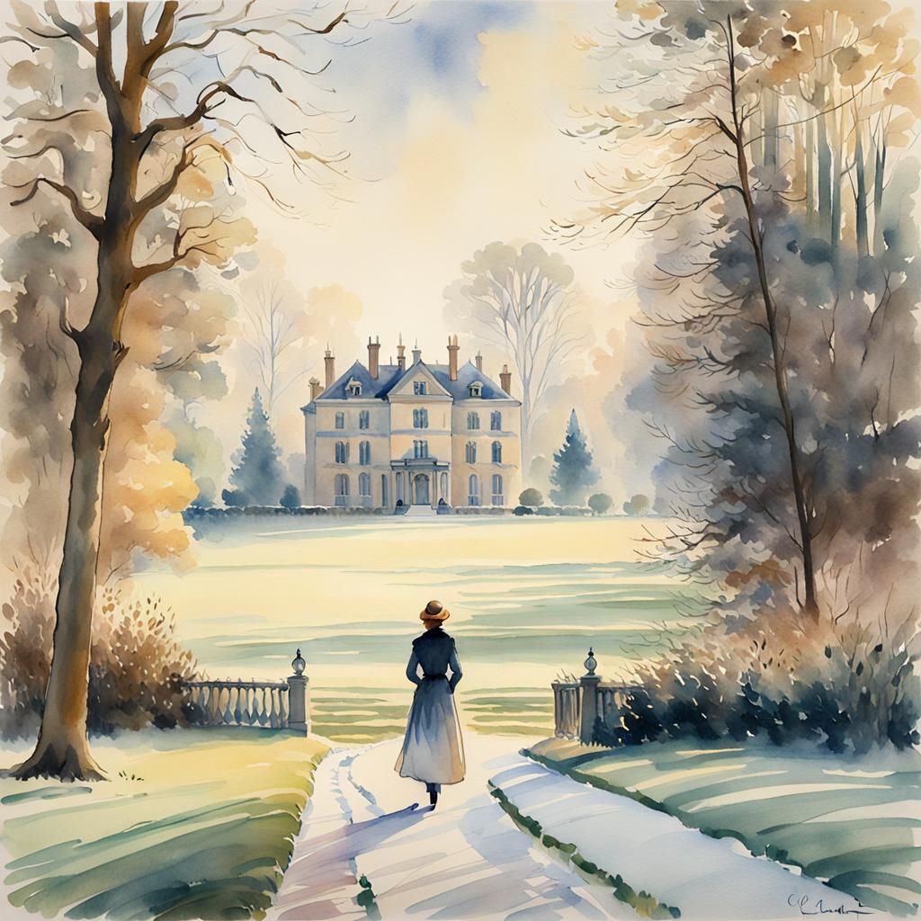 Winter Morning Mansion: Impressionistic Watercolor Painting