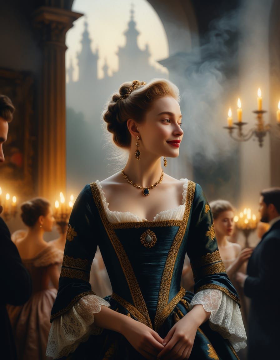 Elegant Lady Dancing in Baroque Palace Gardens