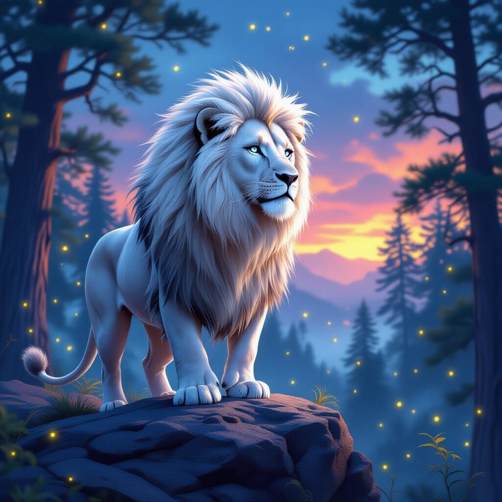 Albino Lion in Mystical Forest, Photorealistic Style
