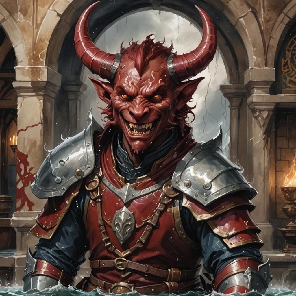 Tiefling Tempest Cleric in Flooded Manor