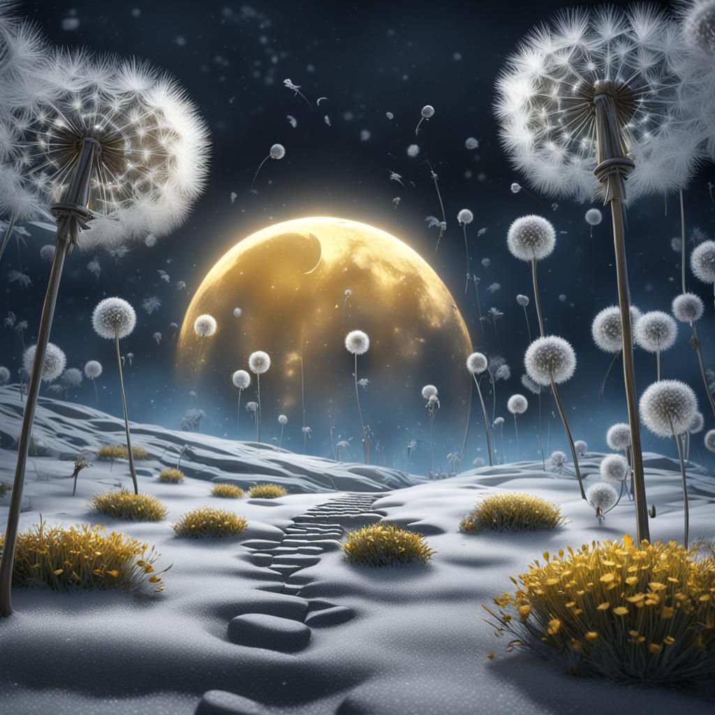 Dandelion Seeds and Silver Moon Digital Art