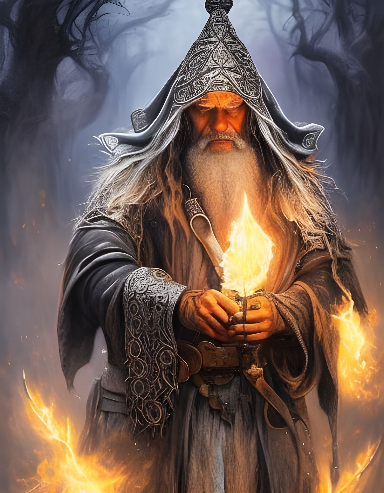 Ancient Wizard Casting Magic in Dark Fantasy Style
