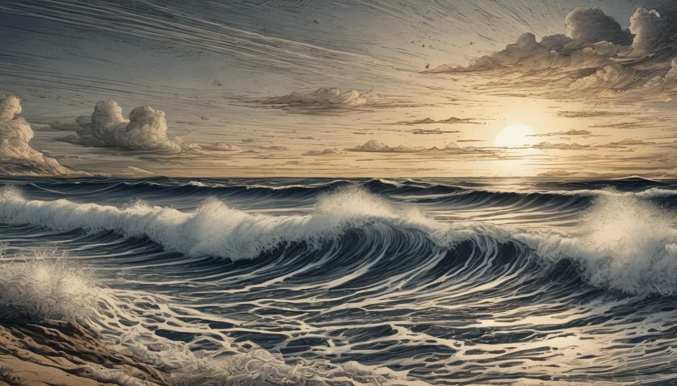 Etched Sunset Beach Scene in Duotone