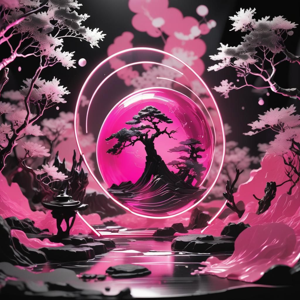 Pink Monochrome Spirit Tree in Ukiyo-e Style