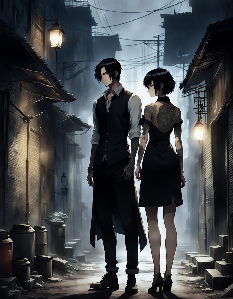 Tattooed Couple in Dark Alley, Anime Style