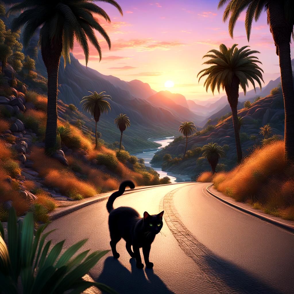 Black Cat in Mountain Sunset: Detailed Matte Painting