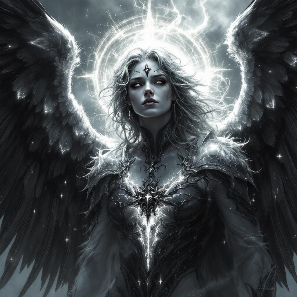 Archangel Sabriel Portrait in Detailed Black and Silver
