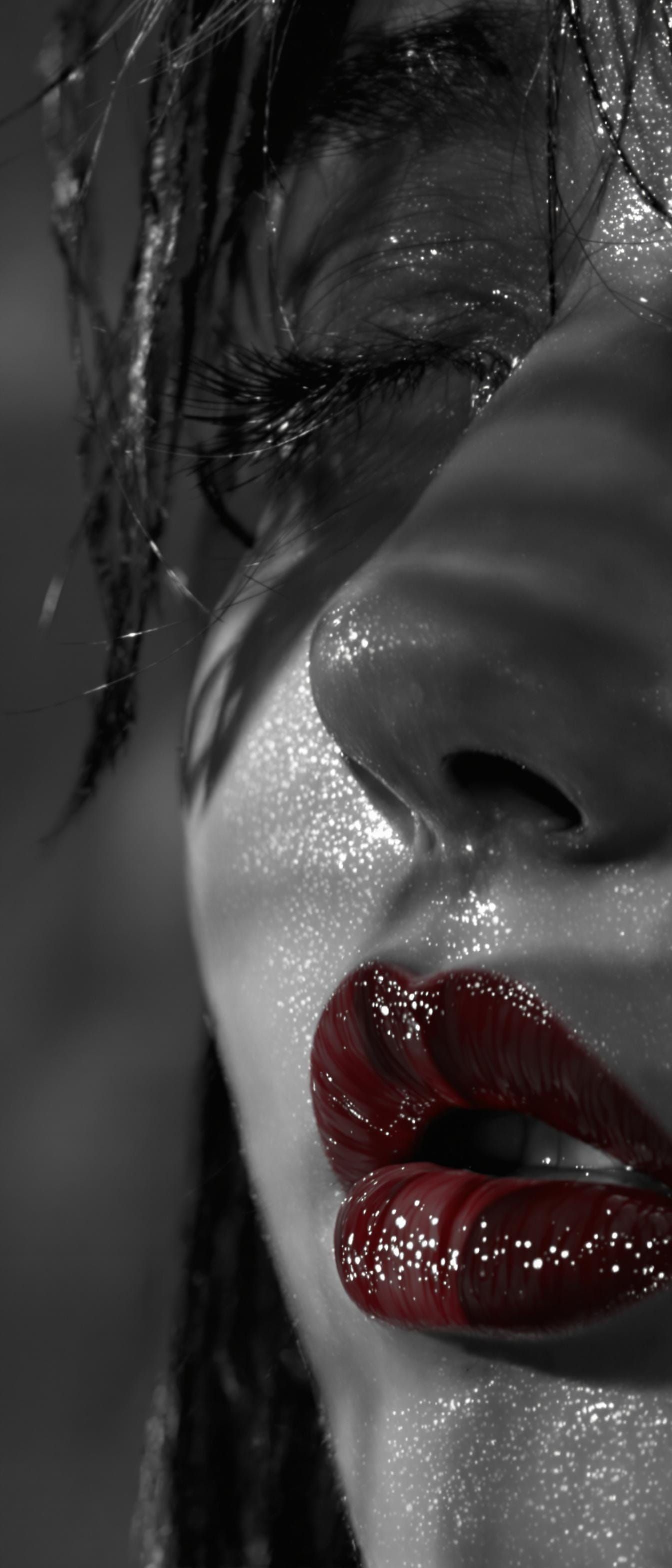 Monochrome Portrait of Crying Woman with Red Lips
