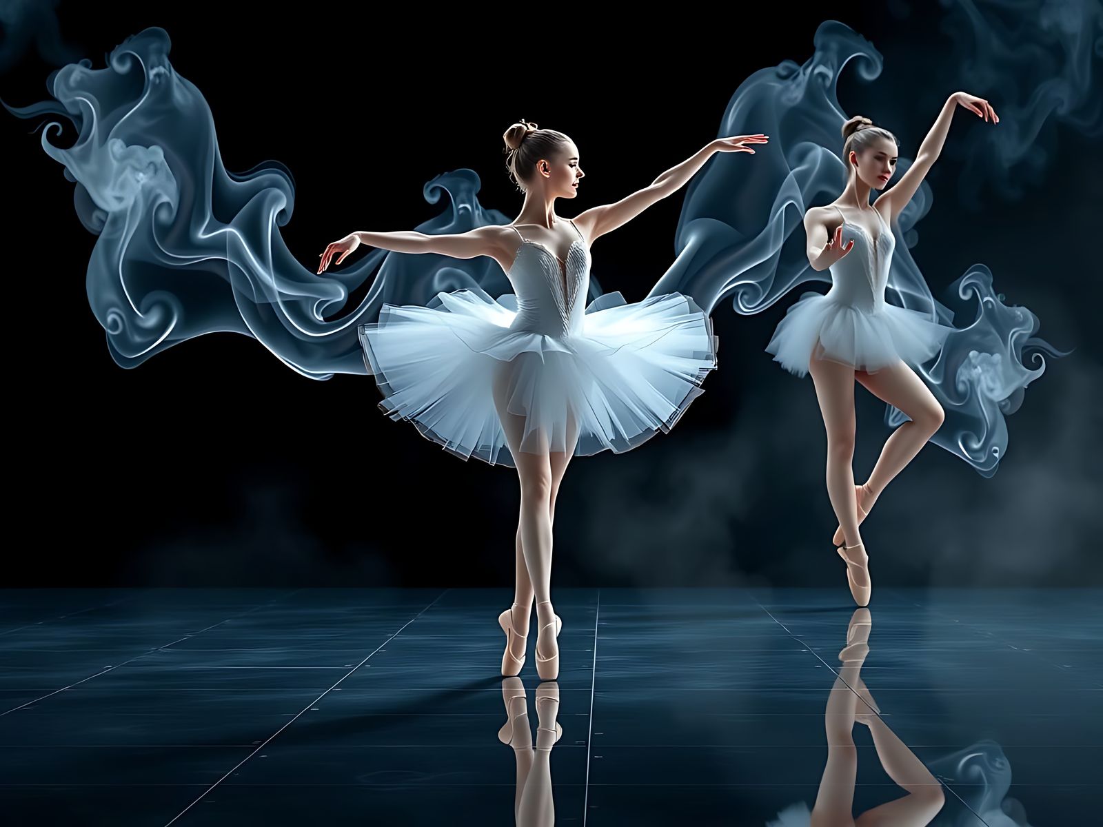 Beautiful ballerinas clothed in smoke, long elegant legs, do...