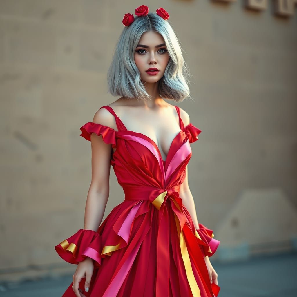 Striking 2.6m Lady with Silver-Blue Hair in Candy Dress