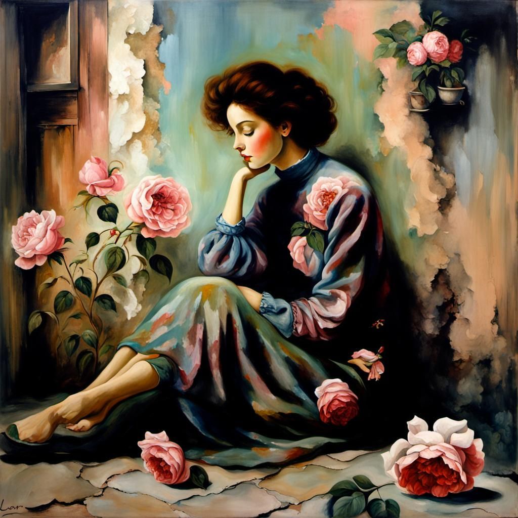 Woman in Derelict House as Oil Painting