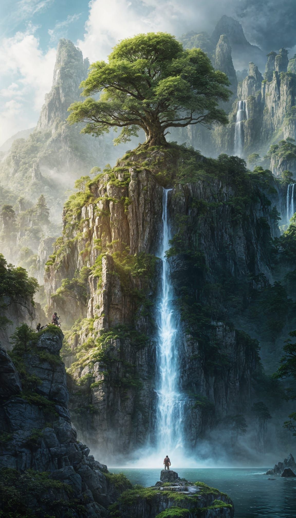 Epic Fantasy Landscape With Waterfall and Ruins