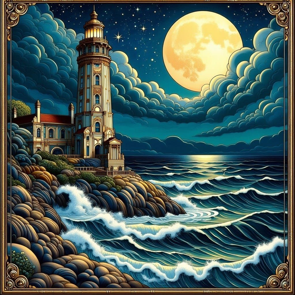 Golden Art Nouveau Lighthouse Shines Over Stormy Sea