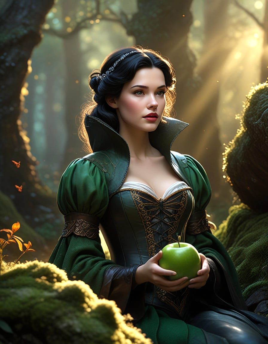 Luxurious Winter Princess Holding a Vibrant Green Apple