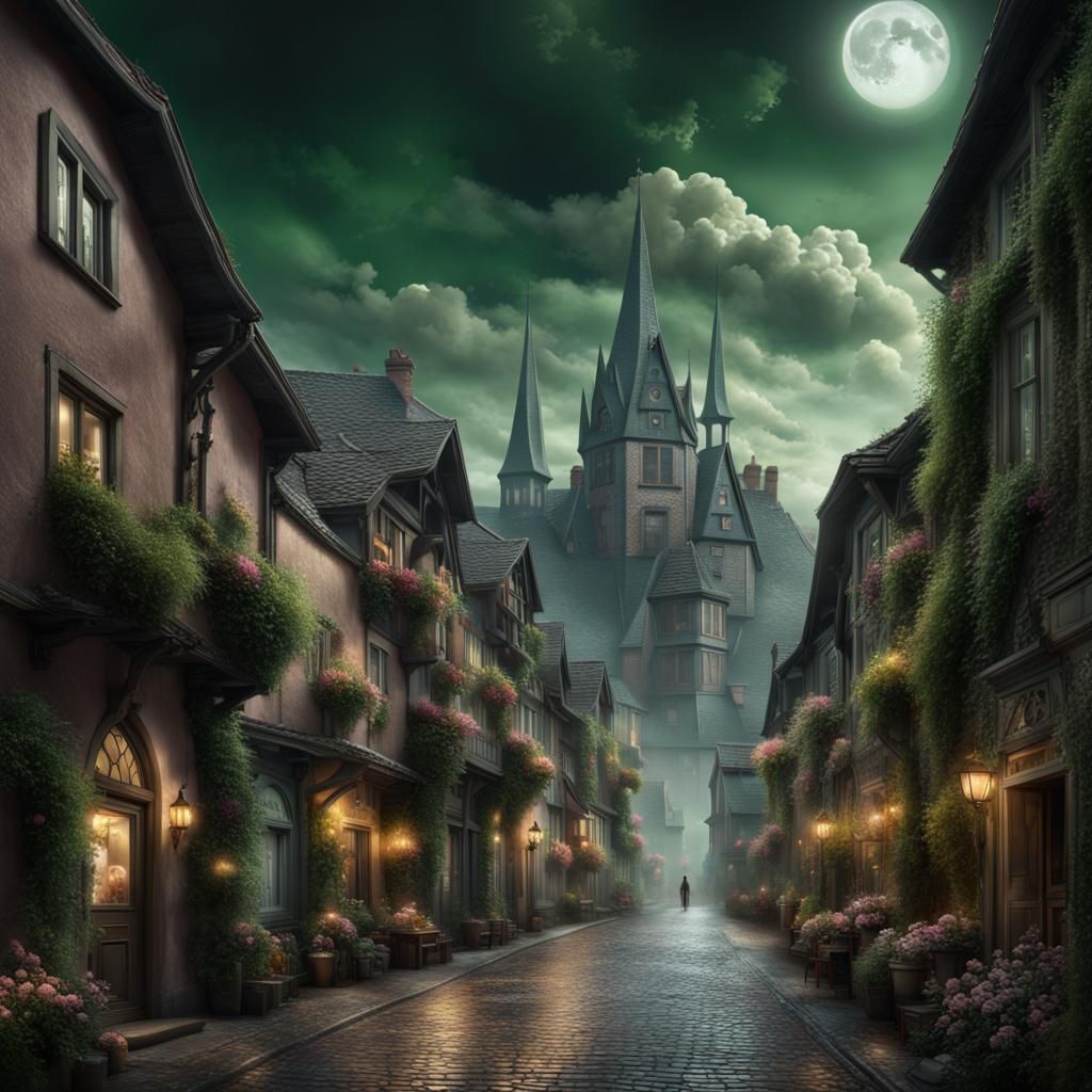 Witch on Forest Path with Fireflies at Night