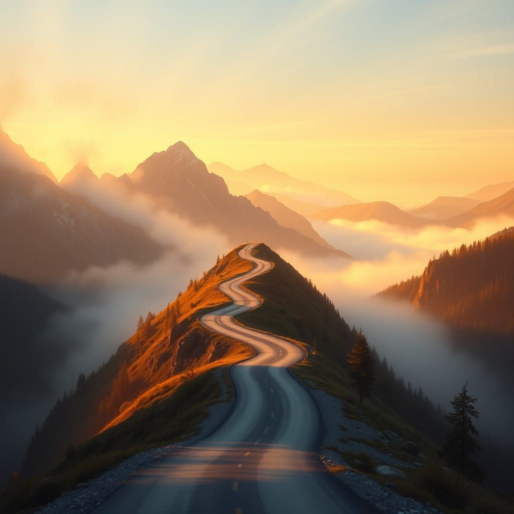 A Majestic Mountain Road Disappears into the Misty Horizon