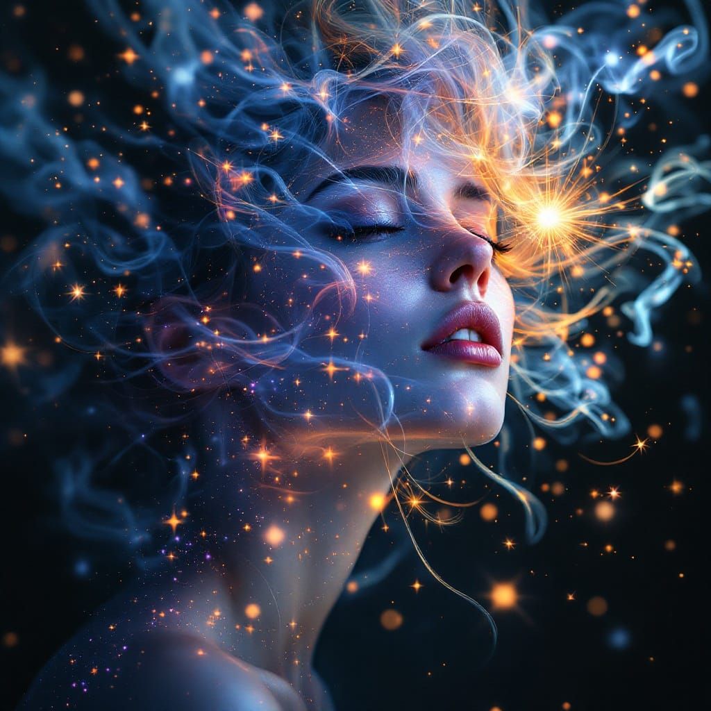 Mysterious Celestial Woman in Cosmic Star Smoke Portrait