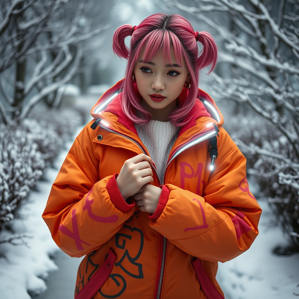 Japanese Woman in Graffiti Parka with LED Lights