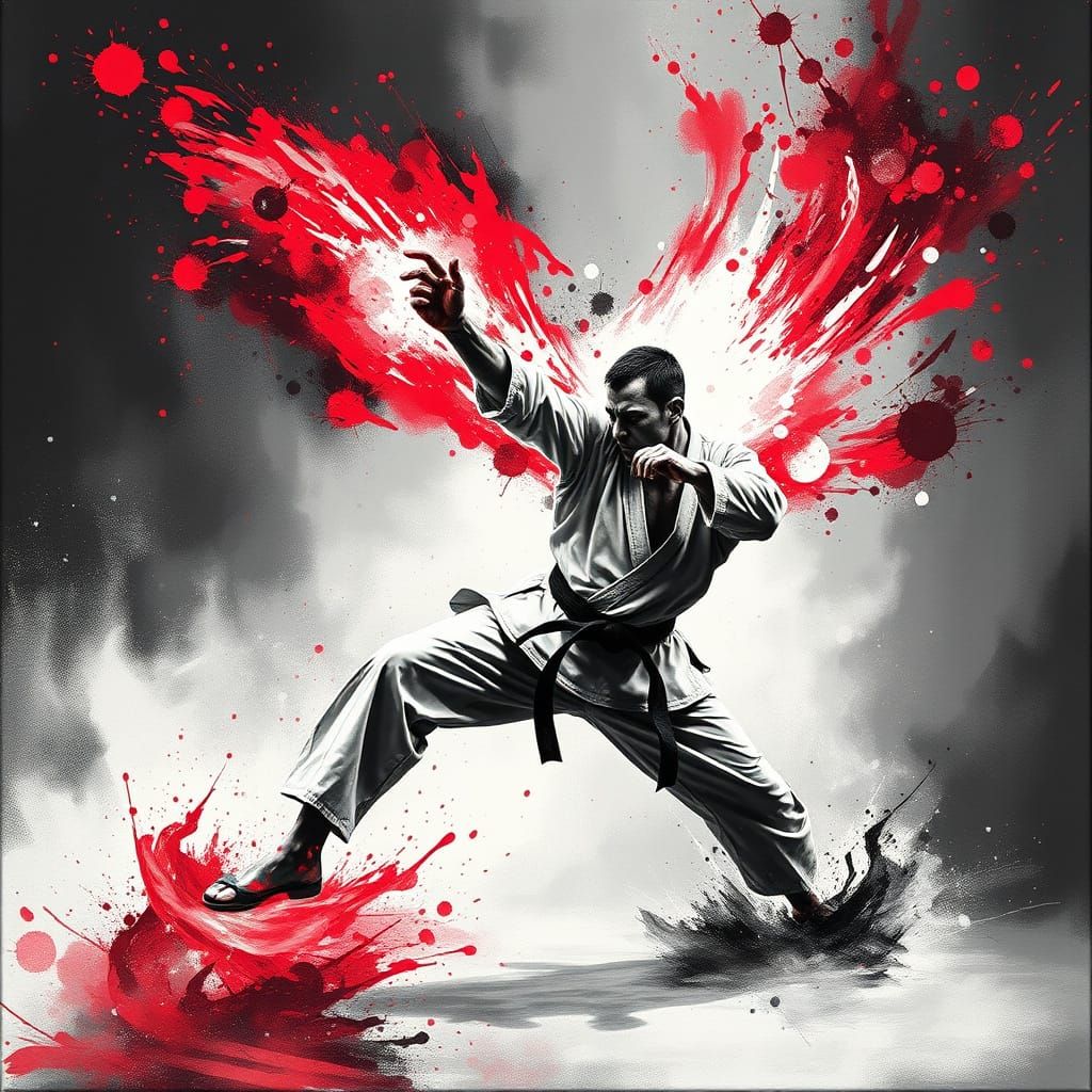 Karate Energy Masterpiece in Dark Paint Splashes