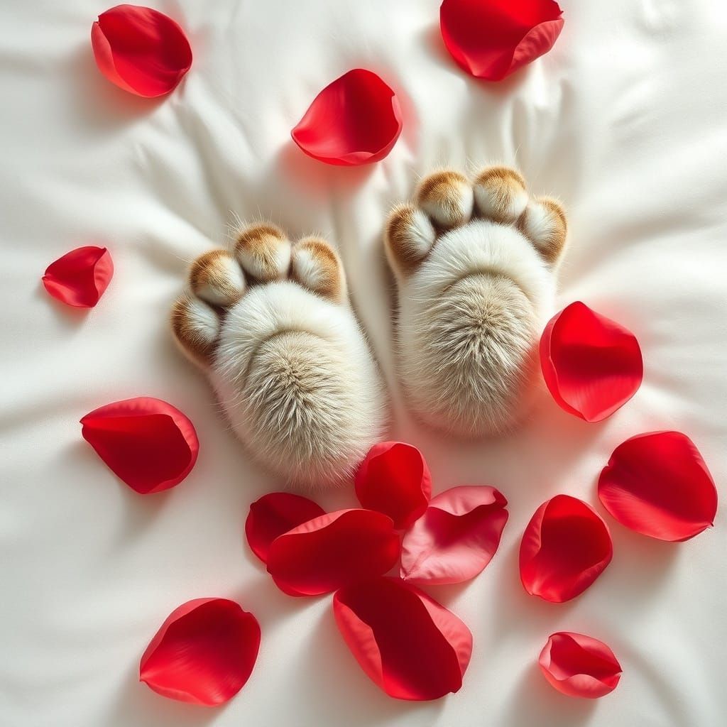 Cat Paws Surrounded by Petals in Dreamy Illustration Style