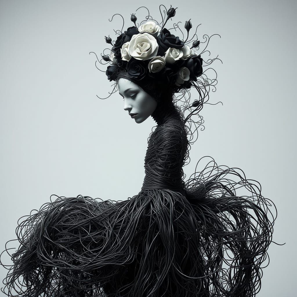 Wire Woman with Roses in Dark Romantic Style