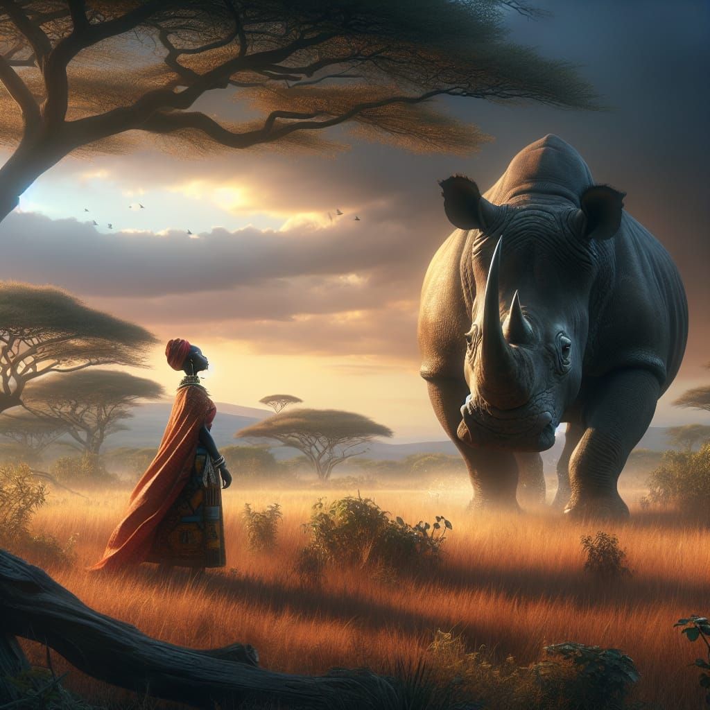 African lady savanna when she sees a rhinoceros