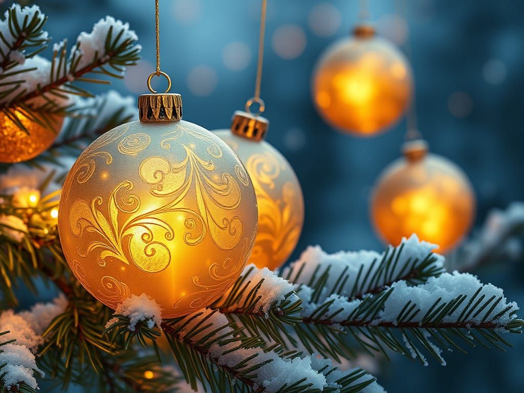 Whimsical Gold Ornaments on a Snowy Pine Branch