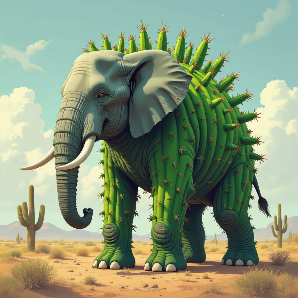 Elephant with Cactus Body and Flippers in Sci-Fi Style