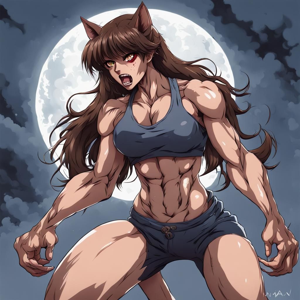Anime Woman's Werewolf Transformation Under Full Moon
