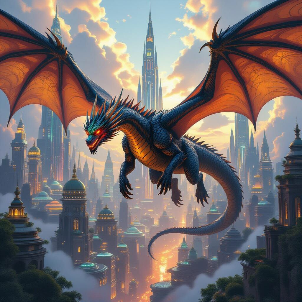 Dragon Soaring Over Utopian City in Hyperrealistic Style