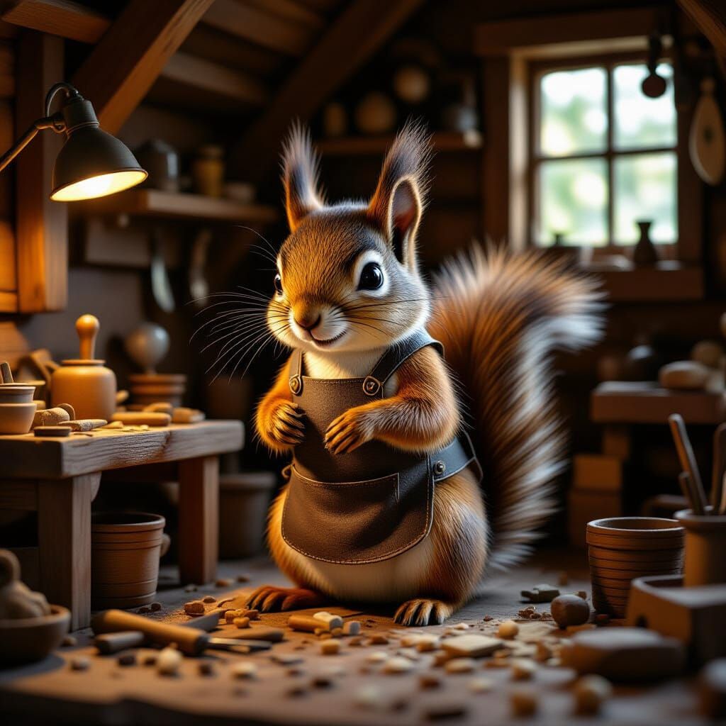 Whimsical Squirrel in Miniature Workshop with Tools