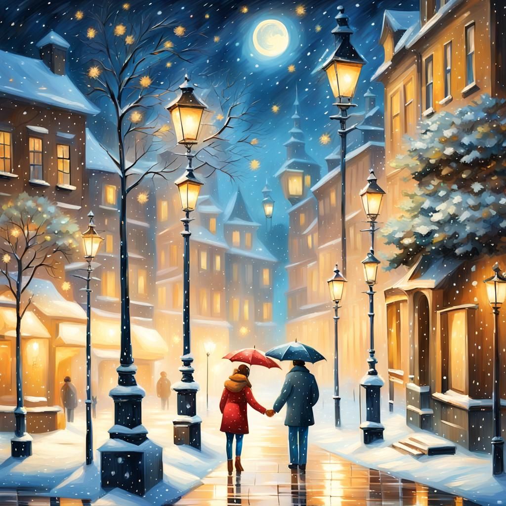 Romantic Couple Hugging in Snowy Night, Oil Painting
