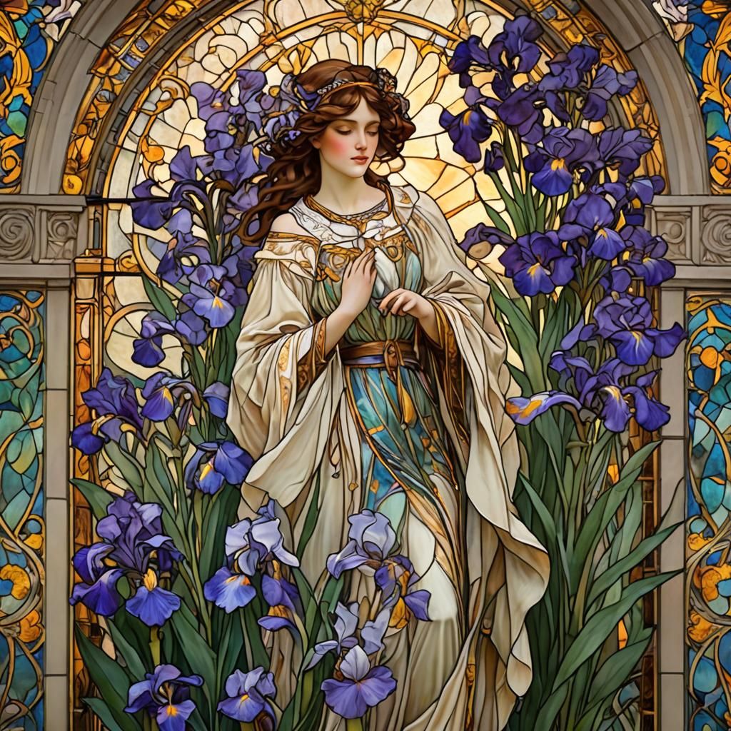 Elegant Woman by Stained Glass in Art Nouveau Style