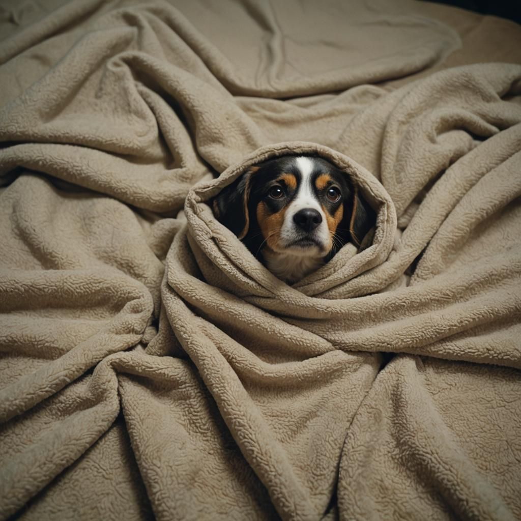 Cinematic Dog Snuggled in Blanket