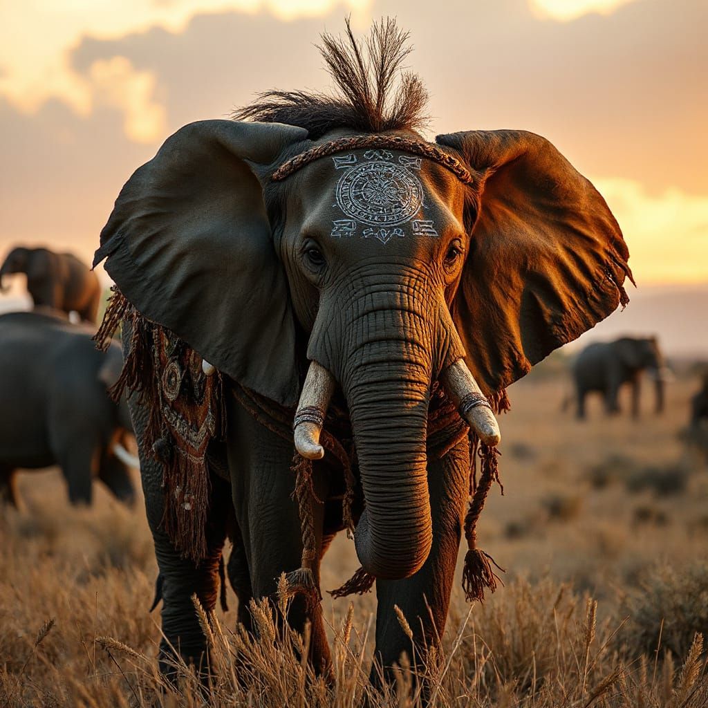 Majestic Lion-Elephant Hybrid in Golden Savannah
