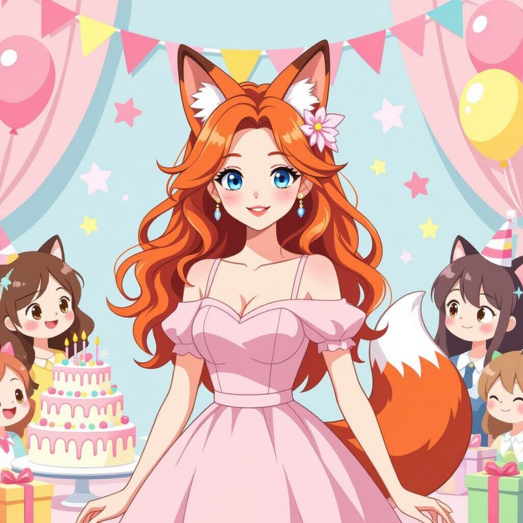 Fox-Woman's Whimsical Birthday Party, Line Friends Style