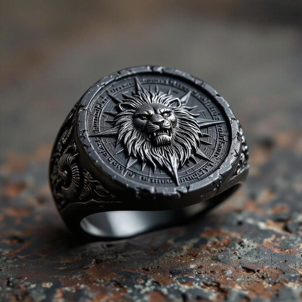 Engraved Black Ring with Compass Rose, in Dark Fantasy Style