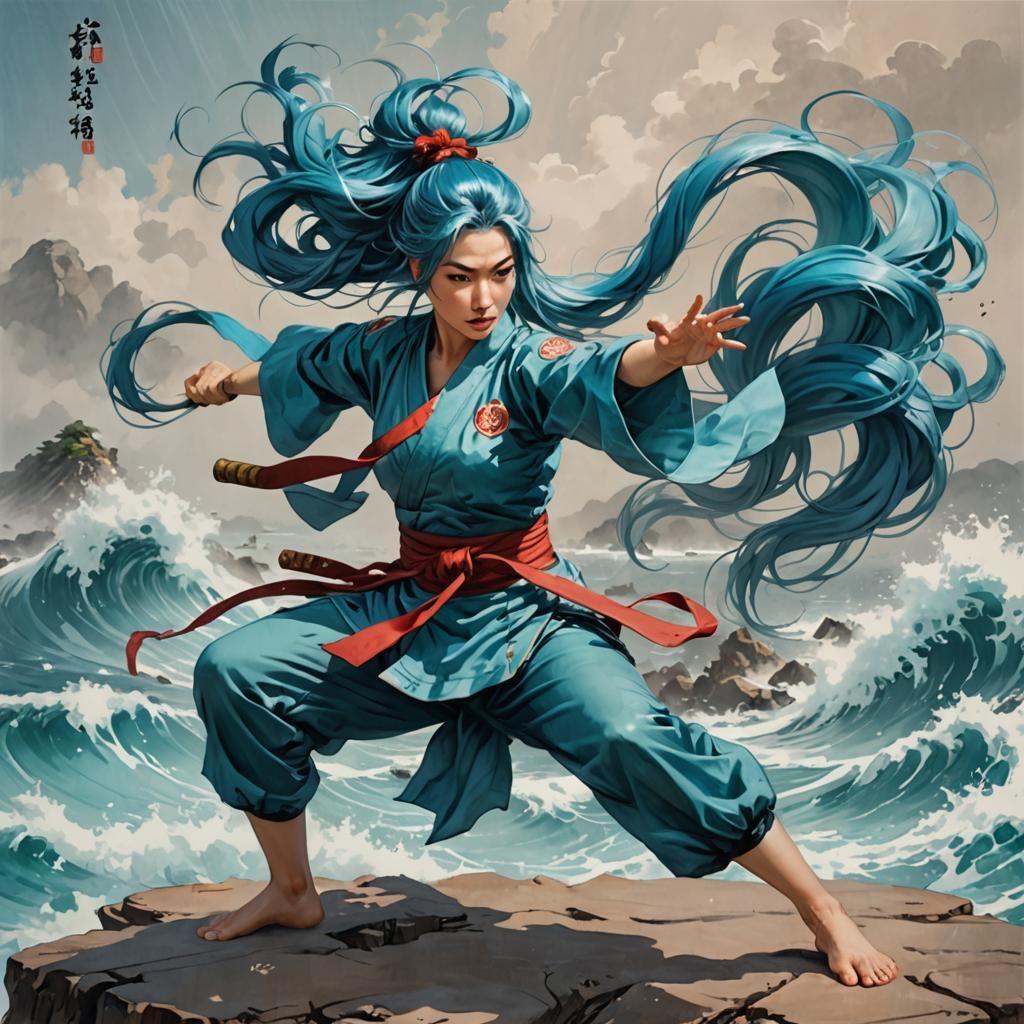 Dynamic Martial Artist with Flowing Blue Hair