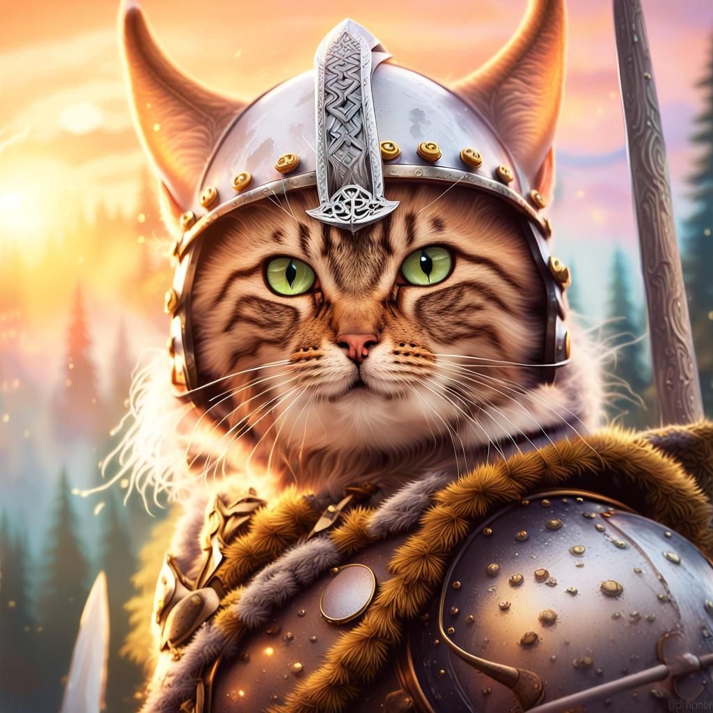 Viking Cat Portrait in Frazetta Style