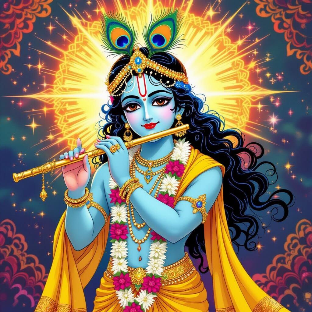 Lord Krishna with Flute in Anime Style