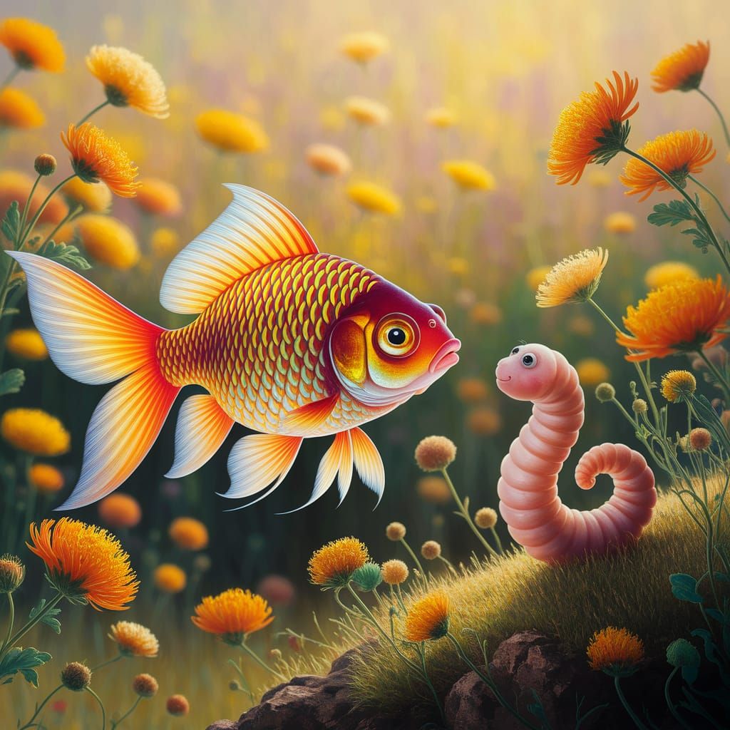 Goldfish and Earthworm Oil Painting in Golden Light
