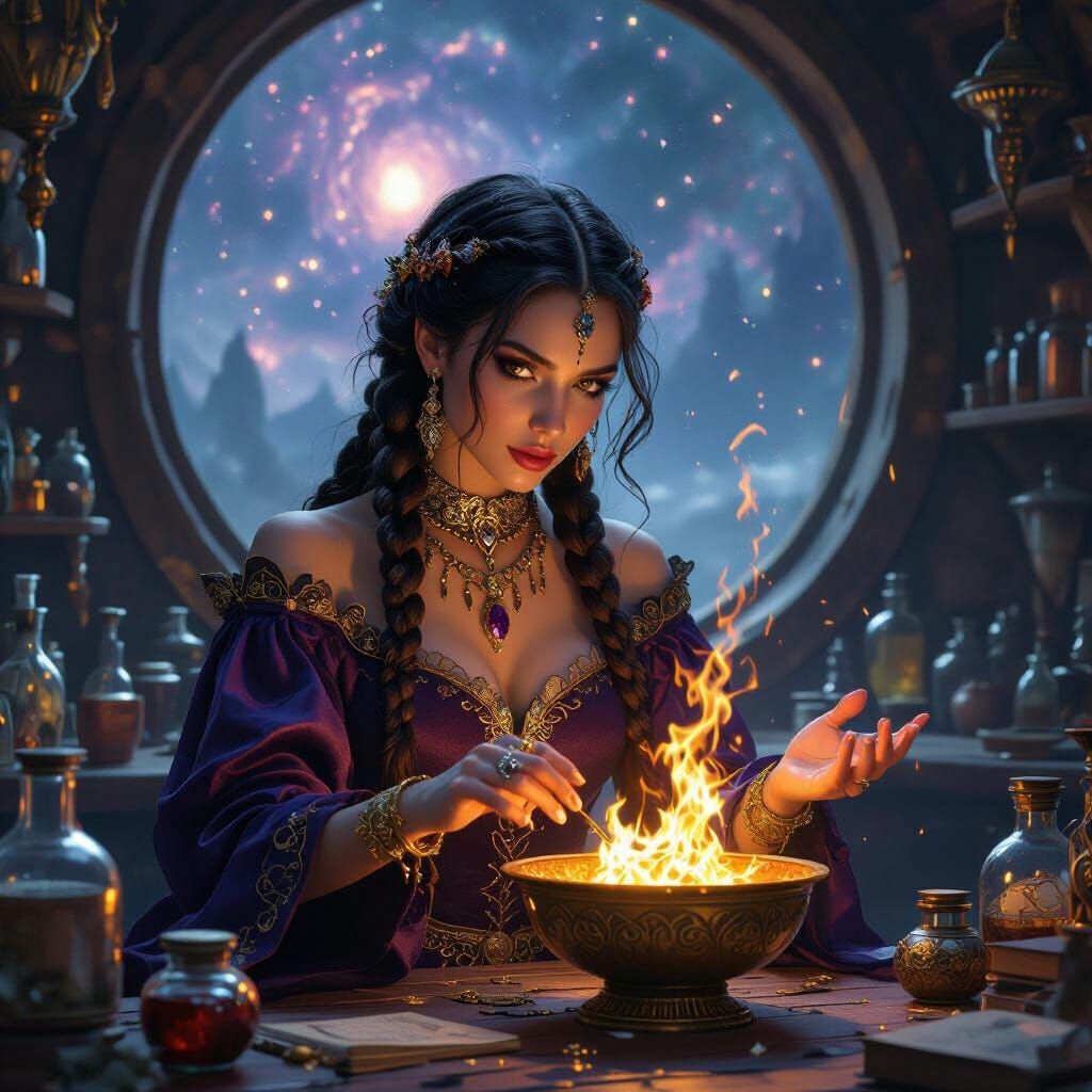 Fire Sorceress Conjuring Fire in Star-Lit Workshop