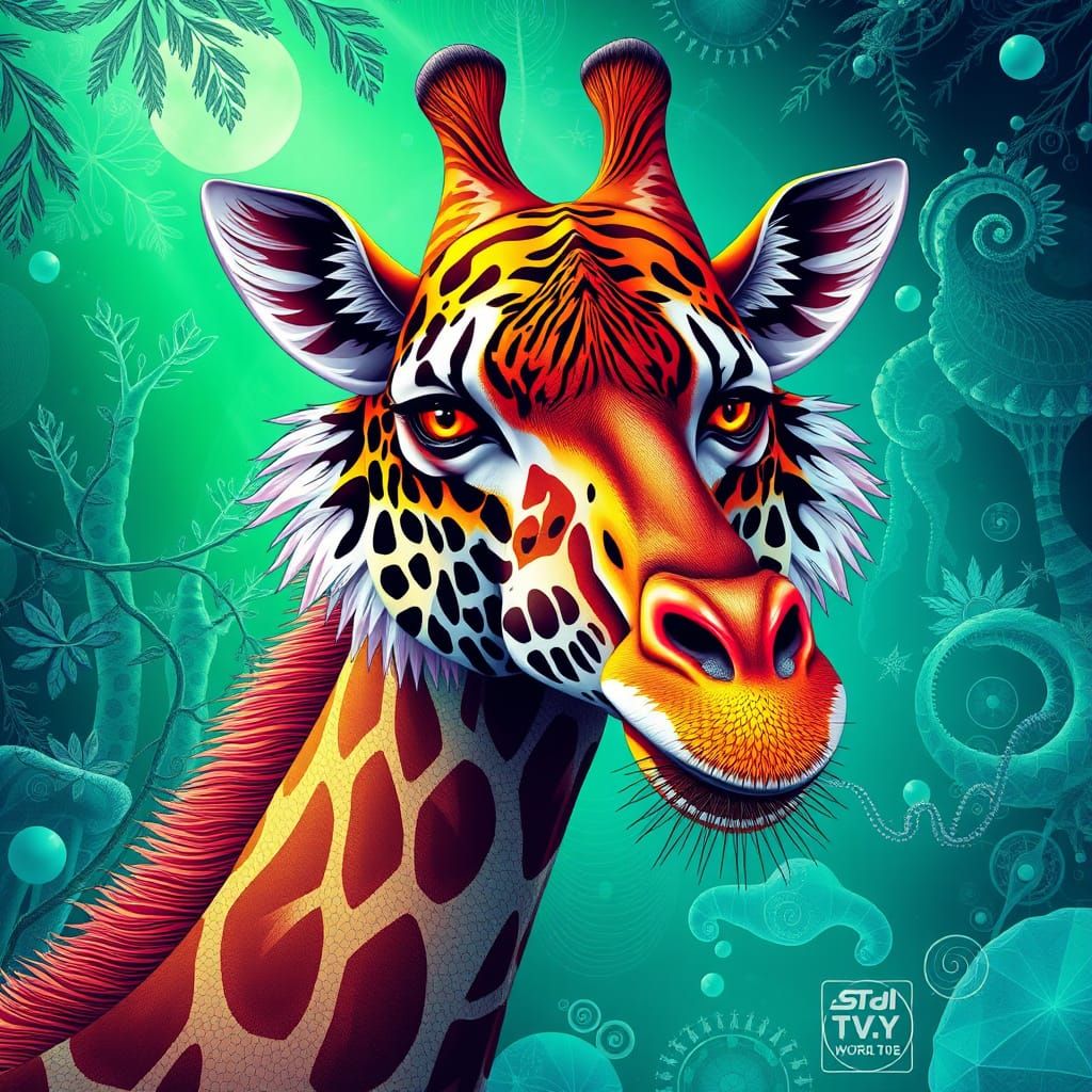 Vibrant Tiger-Headed Giraffe in Frozen Emerald Jungle