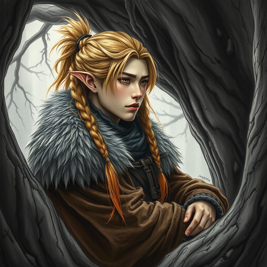 Elegant Medieval Asian Elf in Charcoal Drawing Style