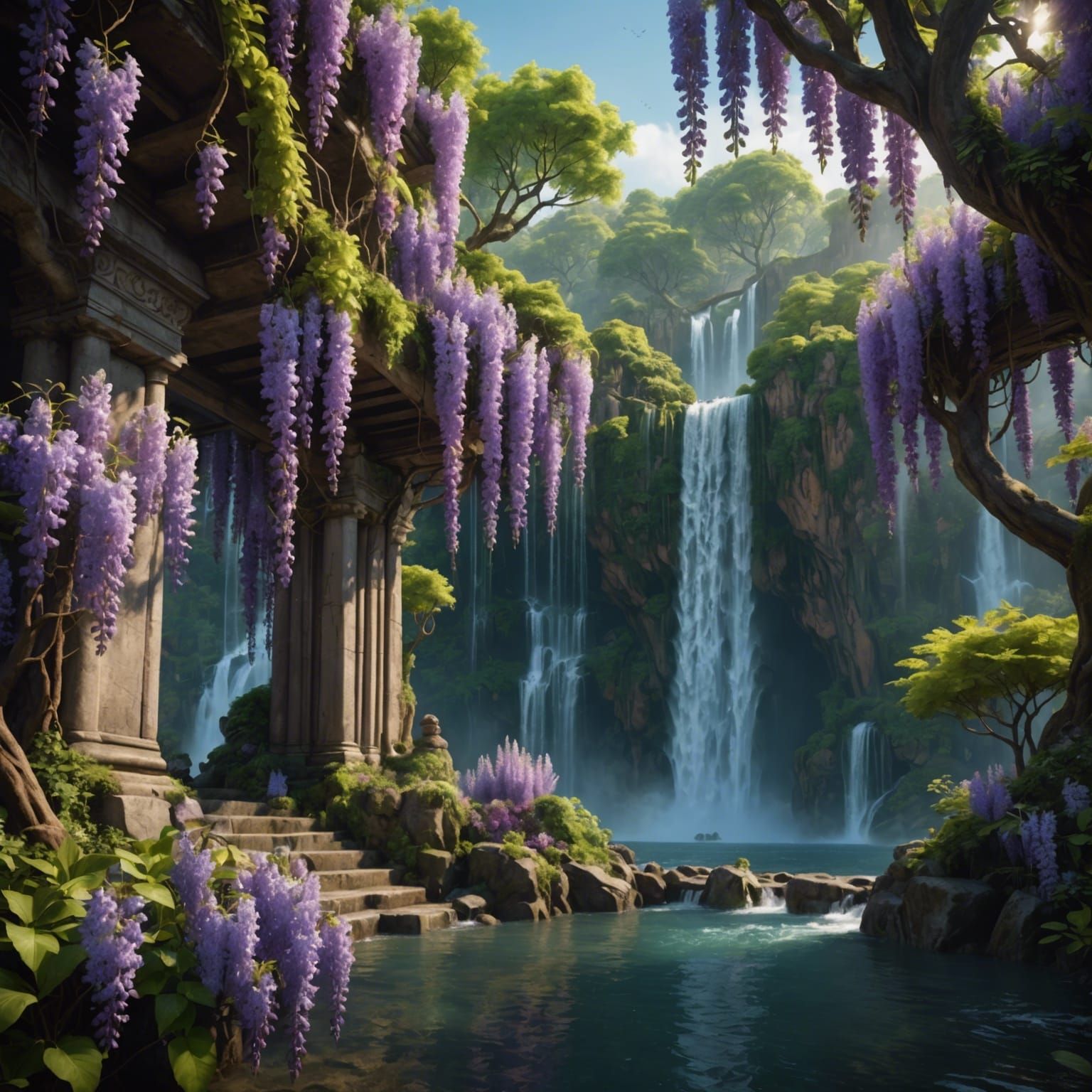 Fantastical Wisteria Trees and Waterfall in Deep Color