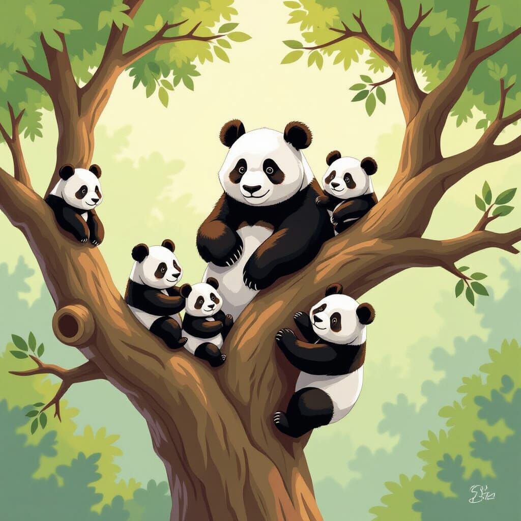 Panda Family Climbing Tree in Oil Painting Style