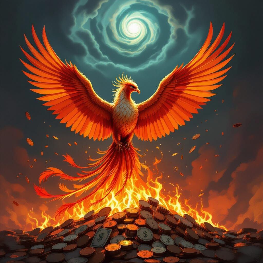 Phoenix Rises from Burning Banknotes in Fiery Fantasy Art
