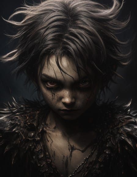 Dark Fantasy Boy and Monster Friendship in Grunge Oil Painti...