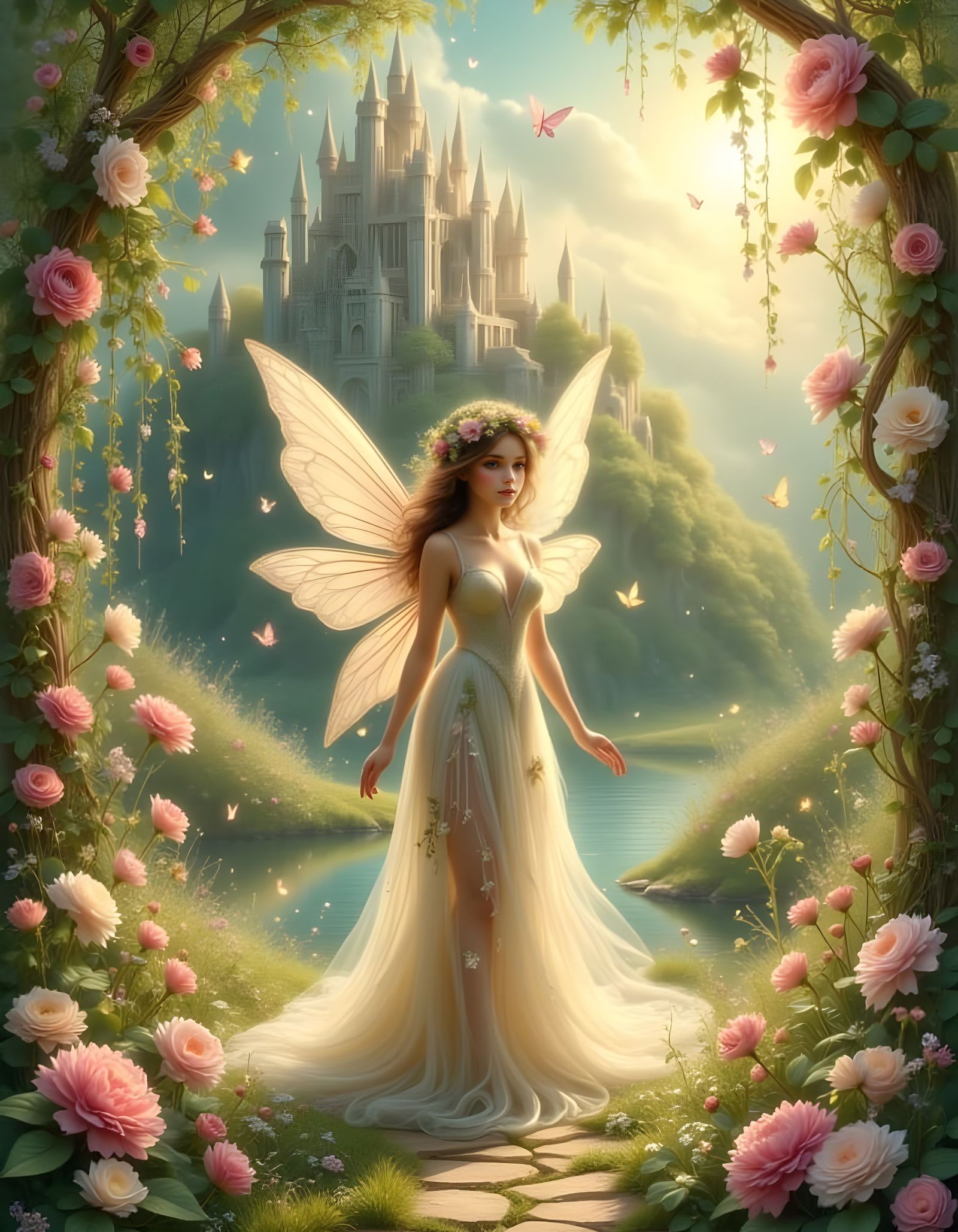 Summer Fairy Princess in Fairytale Castle Landscape