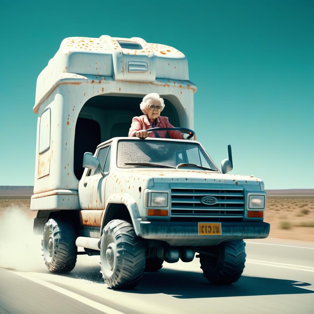 Grandma Drives Leaky Toilet Car: Cinematic Film Still